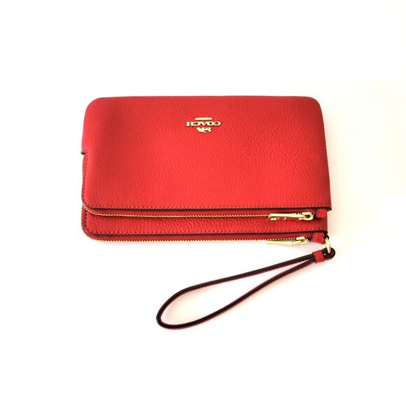 Coach CU919 Pebbled Leather Double Zip Wallet Clutch Wristlet True Red - Picture 6 of 8